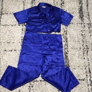 VINTAGE STYLE Small/ Petite La Mouette Royal Blue Satin Garment Pajamas Set